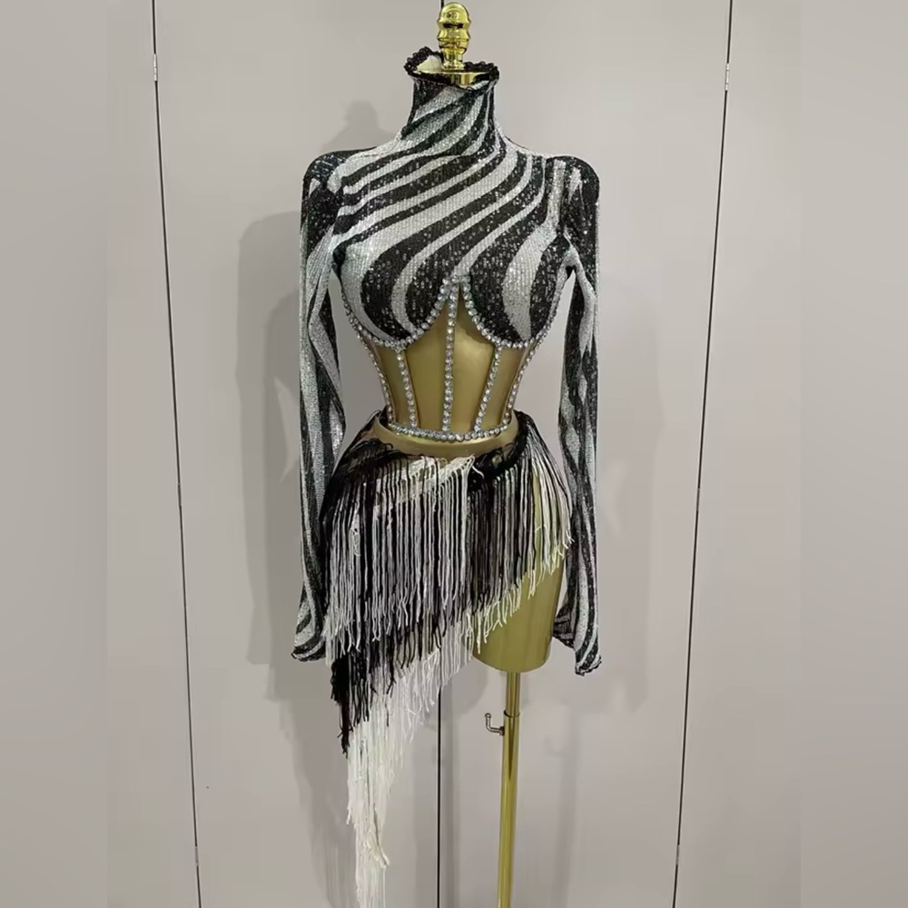 Black and White Striped Fringe Dress